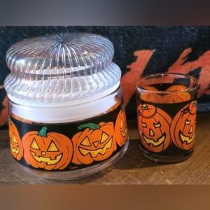 Vintage Indiana Glass Jack O'Lantern Lidded Candy Dish With Matching Candle